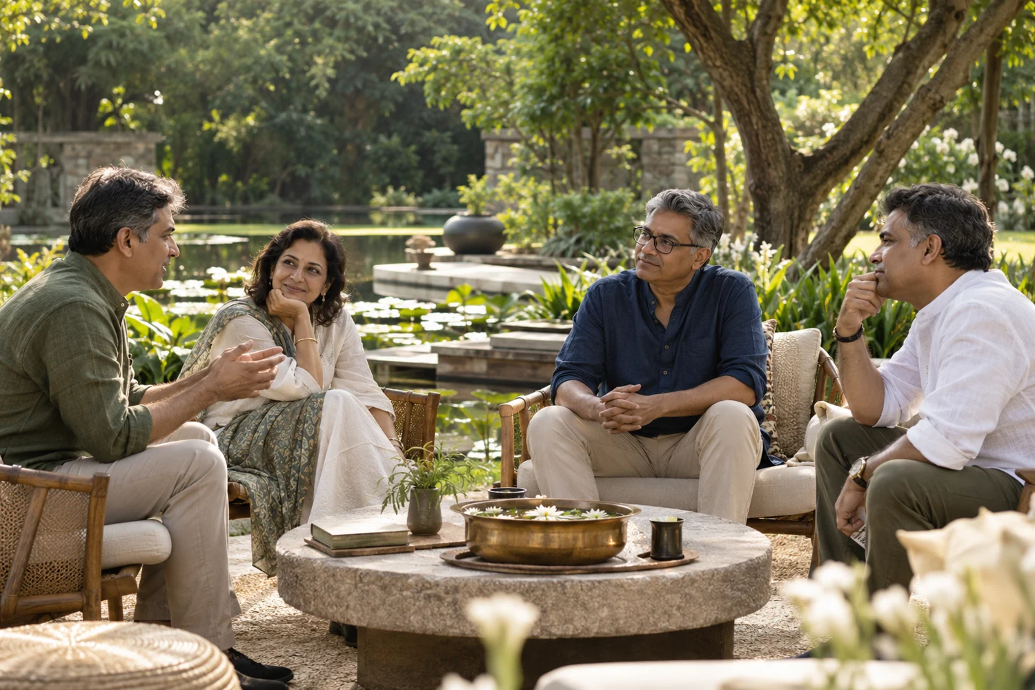 A thoughtful conversation in a garden